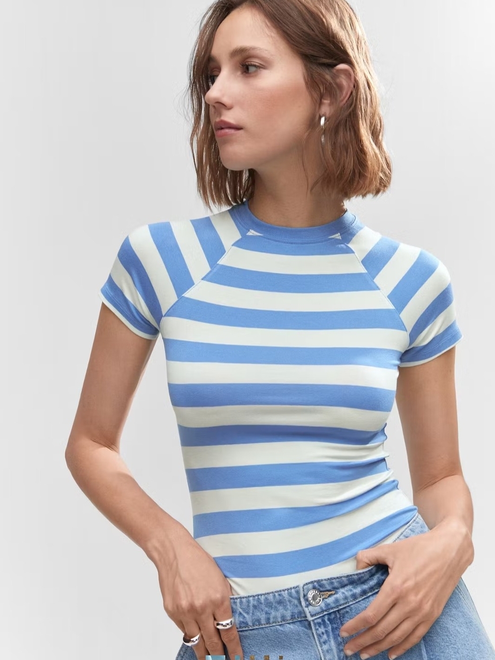 Mango Blue and White Striped Short Sleeve Tee, EUC, Size S Women's 👕